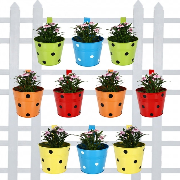 Trustbasket Round Dotted Railing Planters (Multicolour, Pack Of 10)