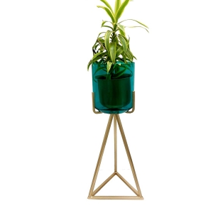CURIO CRAFTS Teal Lustre Glass Planter, Flower Pot Holder with Tall Metal Stand, Indoor Outdoor (26 inches)